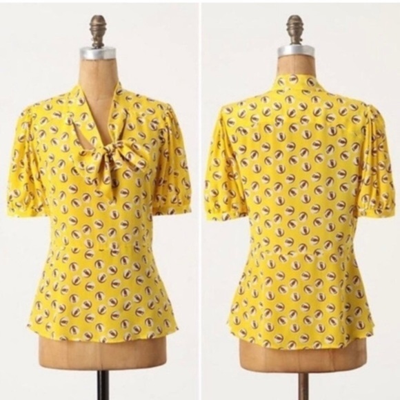 [anthro] Girls from Savoy Owl Moon Silk Print Tie Front Peplum Puff Sleeve Top - Picture 5 of 11